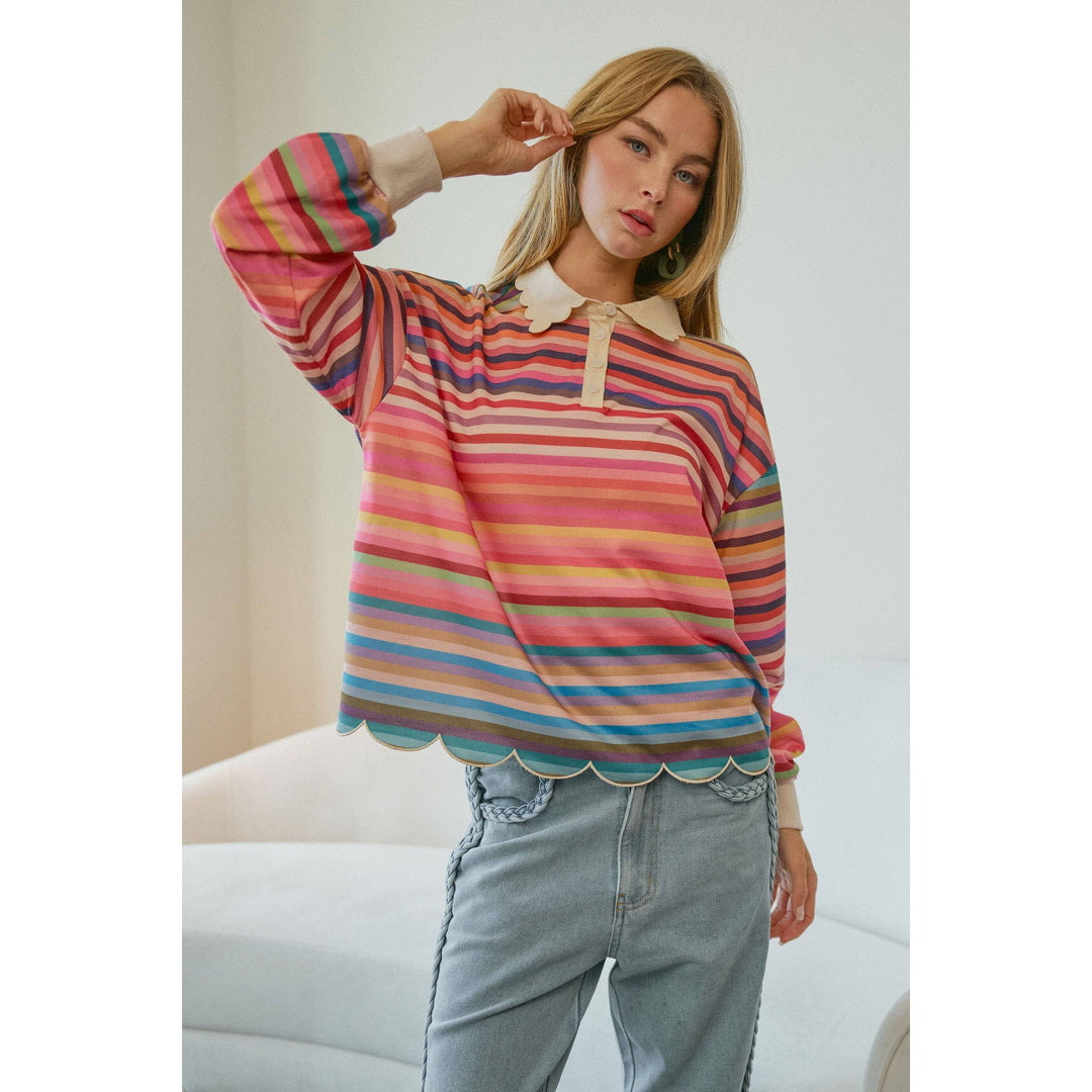 Celestine Whimsical Stripe Collared Scalloped Top