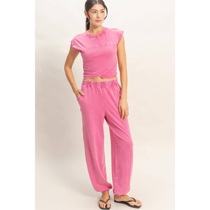 Athleisure - Rolled Sleeve Wrap-Front Crop Top And Jogger Set - - Cultured Cloths Apparel