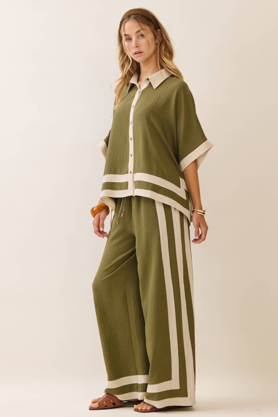 Contrast Trim Shirt With Matching Pants Set