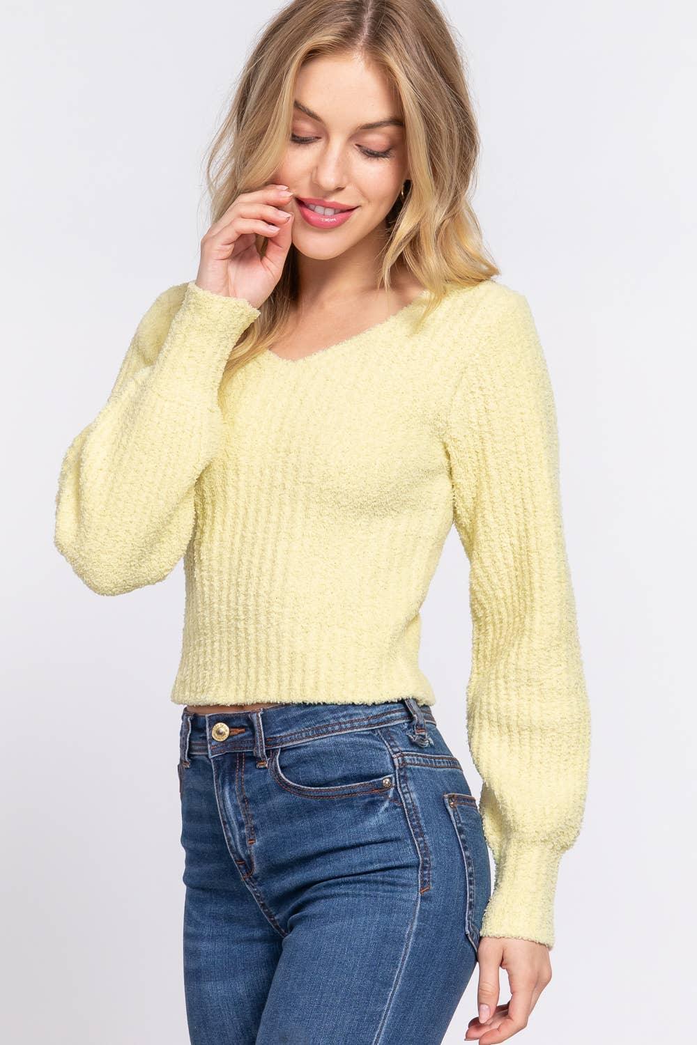 Women's Sweaters - Long Puff Sleeve V-neck Rib Sweater Top - - Cultured Cloths Apparel