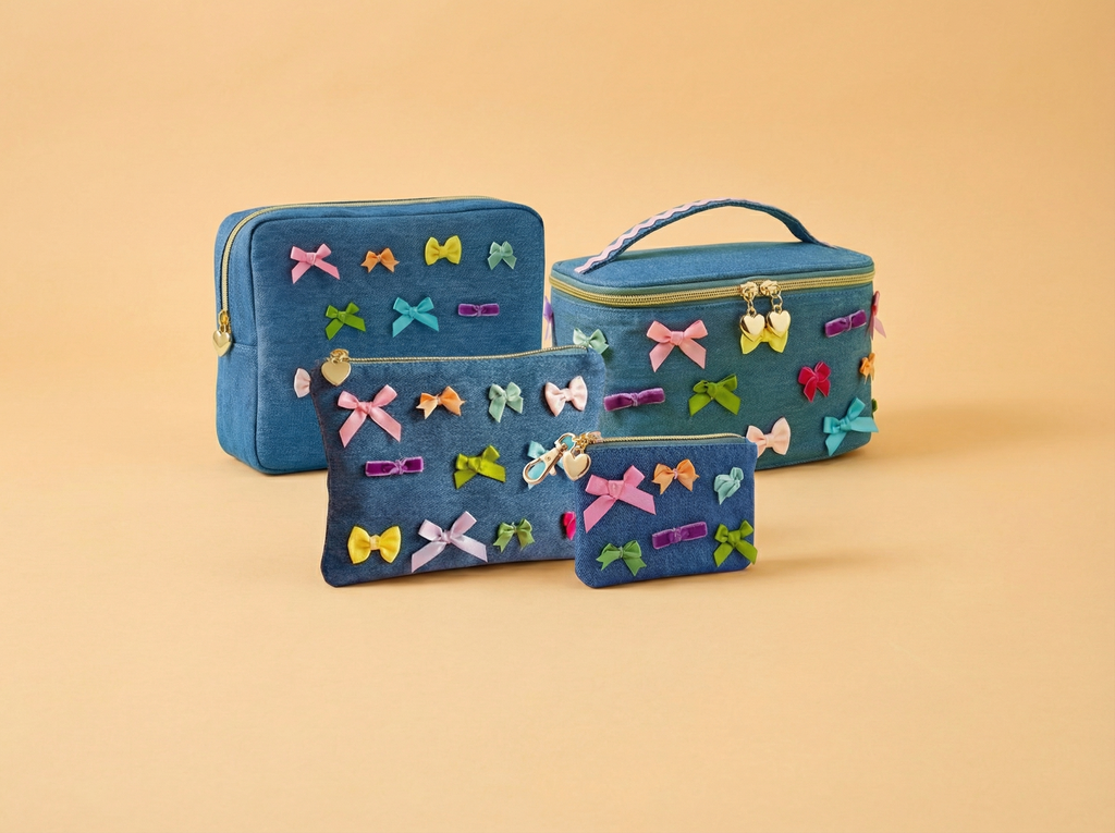 Travel Cosmetic Case / Train Case - Denim + Bows - Bella