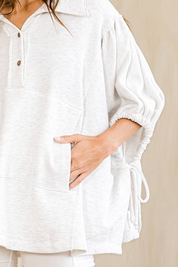 Women's Short Sleeve - Gray Oversized Drawstring Tie Sleeves Detail Solid Top - - Cultured Cloths Apparel