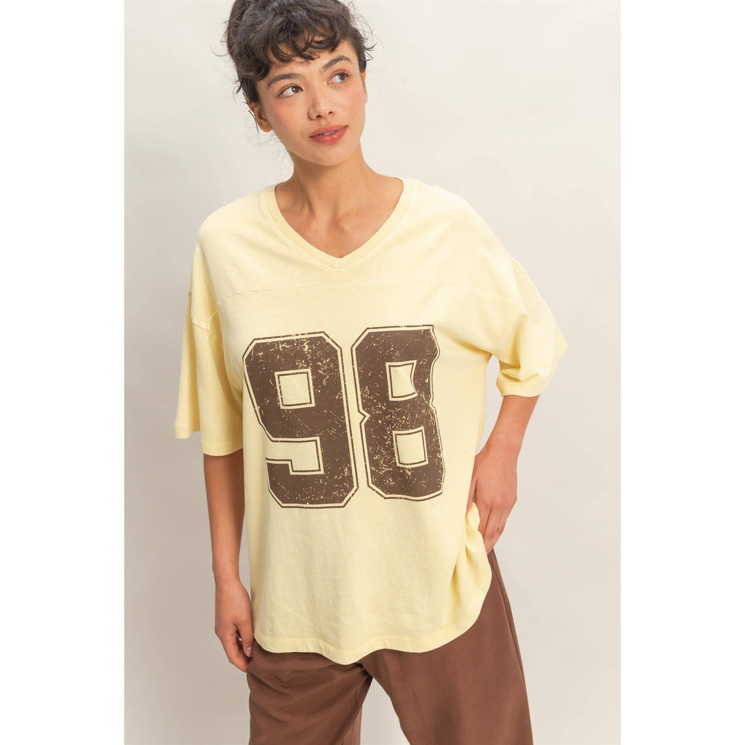 Graphic T-Shirts - Oversized Varsity Style V-Neck Graphic T-Shirt - - Cultured Cloths Apparel