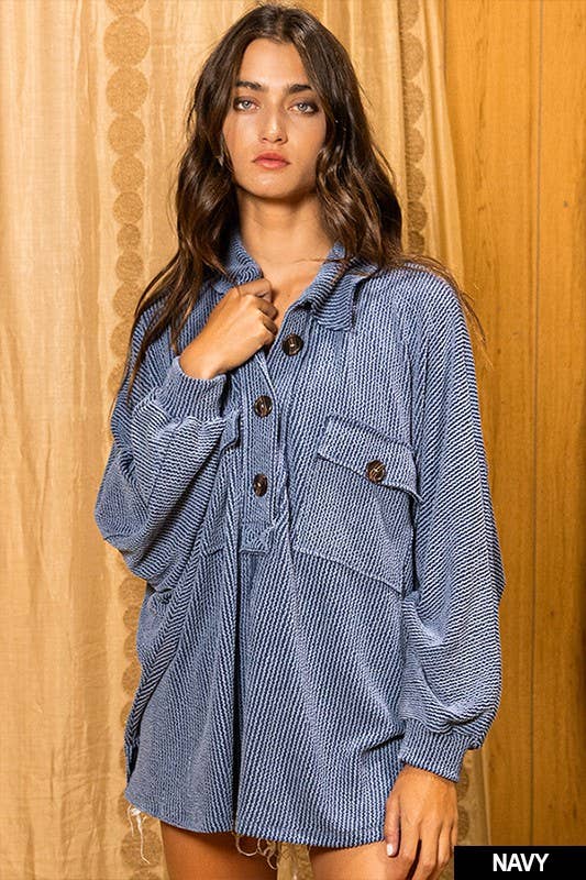 T1578-3 Solid Texture Knit Collared Loose Fit Top