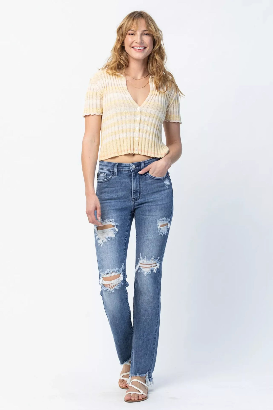 Denim - Judy Blue Full Size Mid Rise Destroy Straight Jeans Plus Size - - Cultured Cloths Apparel