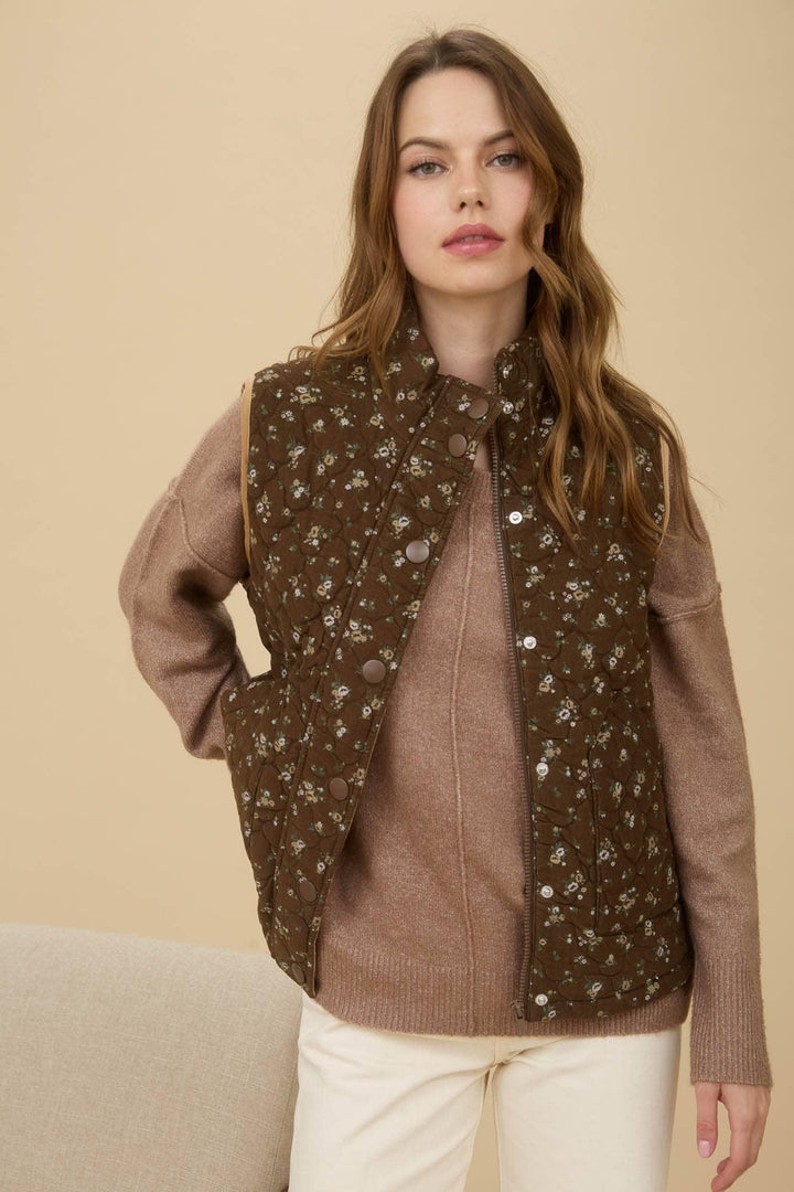 Outerwear - FLORAL QUILTED ZIP-UP PUFFER VEST - - Cultured Cloths Apparel