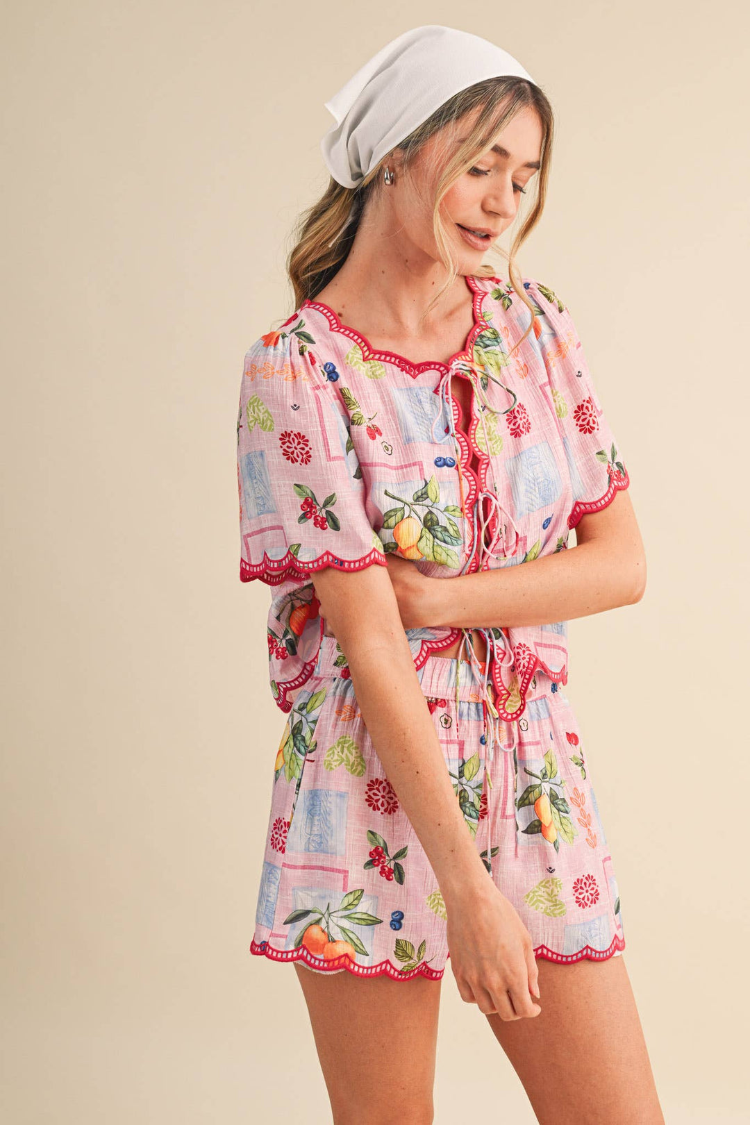 Romper - FRUIT PRINT EMBROIDERED SCALLOP TOP AND SHORTS SET - - Cultured Cloths Apparel