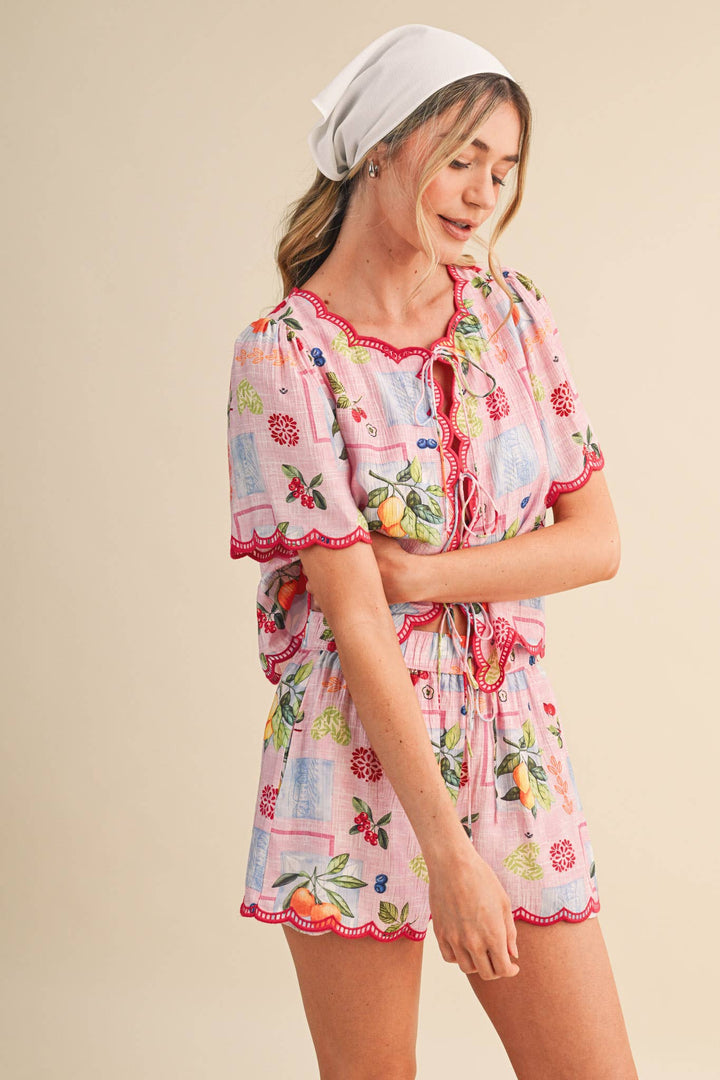 Romper - FRUIT PRINT EMBROIDERED SCALLOP TOP AND SHORTS SET - - Cultured Cloths Apparel