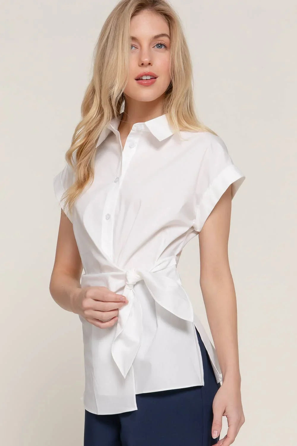 Women's Short Sleeve - Short Dolman Sleeve Button Down Side Knot Poplin Shirt - - Cultured Cloths Apparel