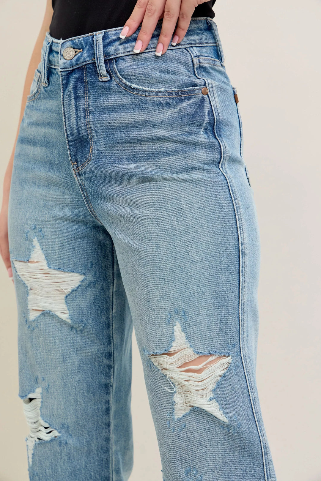 Denim - Judy Blue Full Size High Waist Rigid Magic Star Shaped Destroy 90's Straight Jeans Plus Size - - Cultured Cloths Apparel