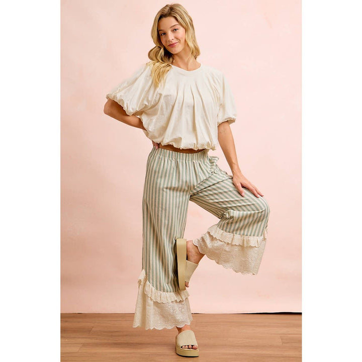 Pants - STRIPE WOVEN RUFFLED LACE HEM PANTS WITH SIDE POCKET - - Cultured Cloths Apparel