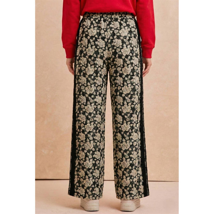 FLORAL JACQUARD SIDE LACE TRIM ELASTIC PANTS