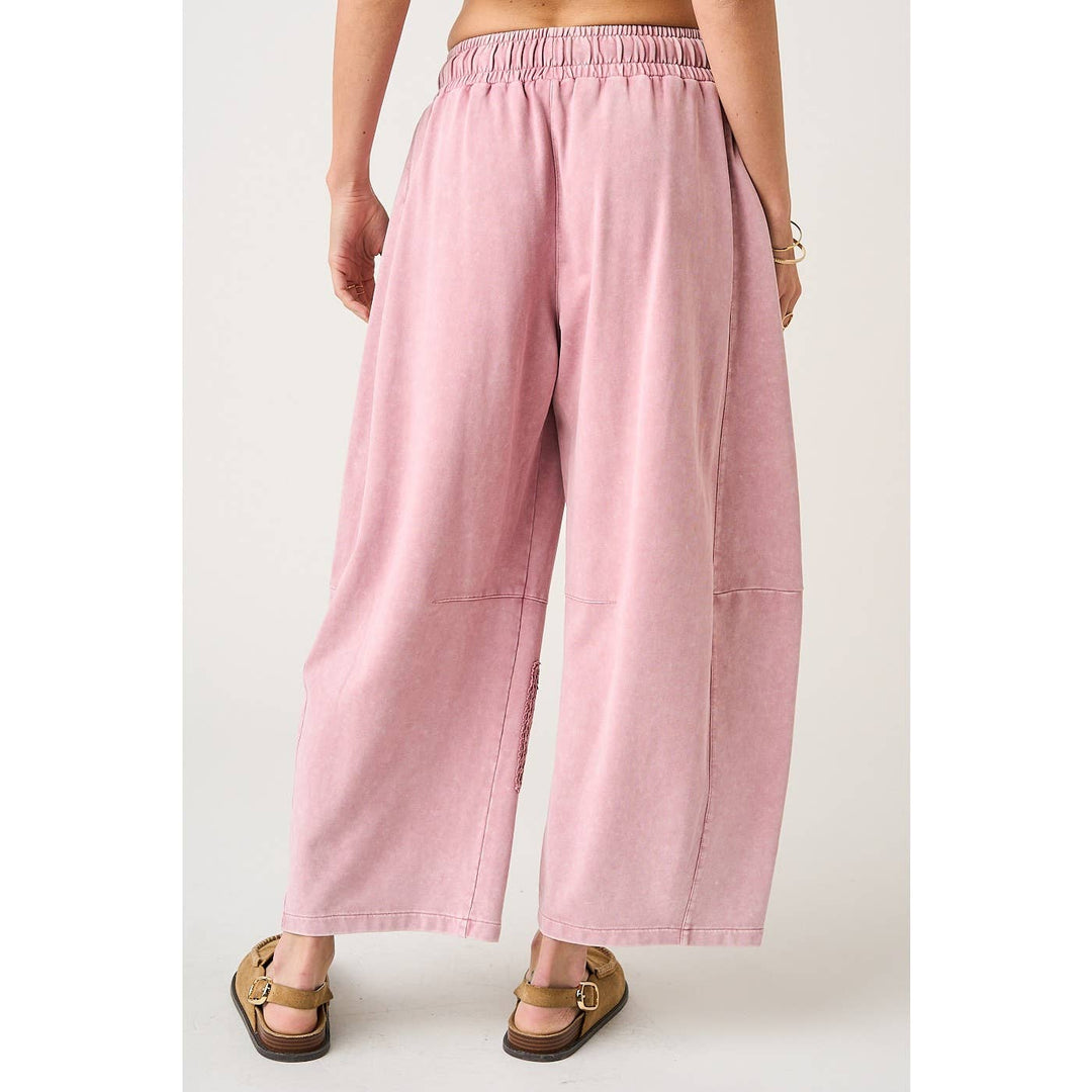MINERAL WASH CROCHET PATCH BARREL LEG PANTS