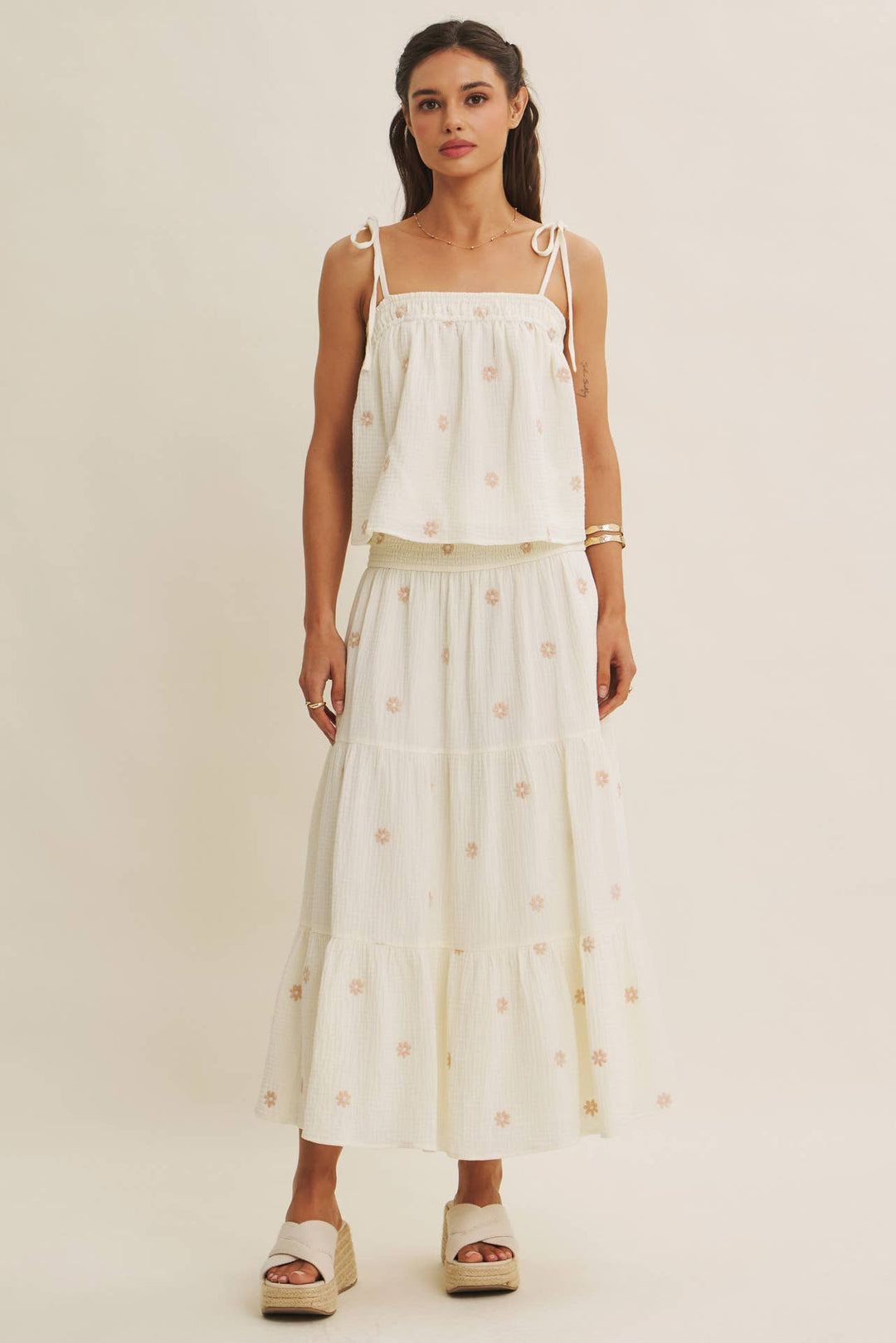Women's Sleeveless - SUNSET FIELD EMBROIDERED COTTON GAUZE TANK WITH TIE STRAPS - - Cultured Cloths Apparel