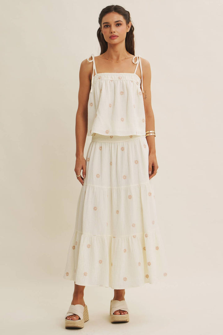Women's Sleeveless - SUNSET FIELD EMBROIDERED COTTON GAUZE TANK WITH TIE STRAPS - - Cultured Cloths Apparel