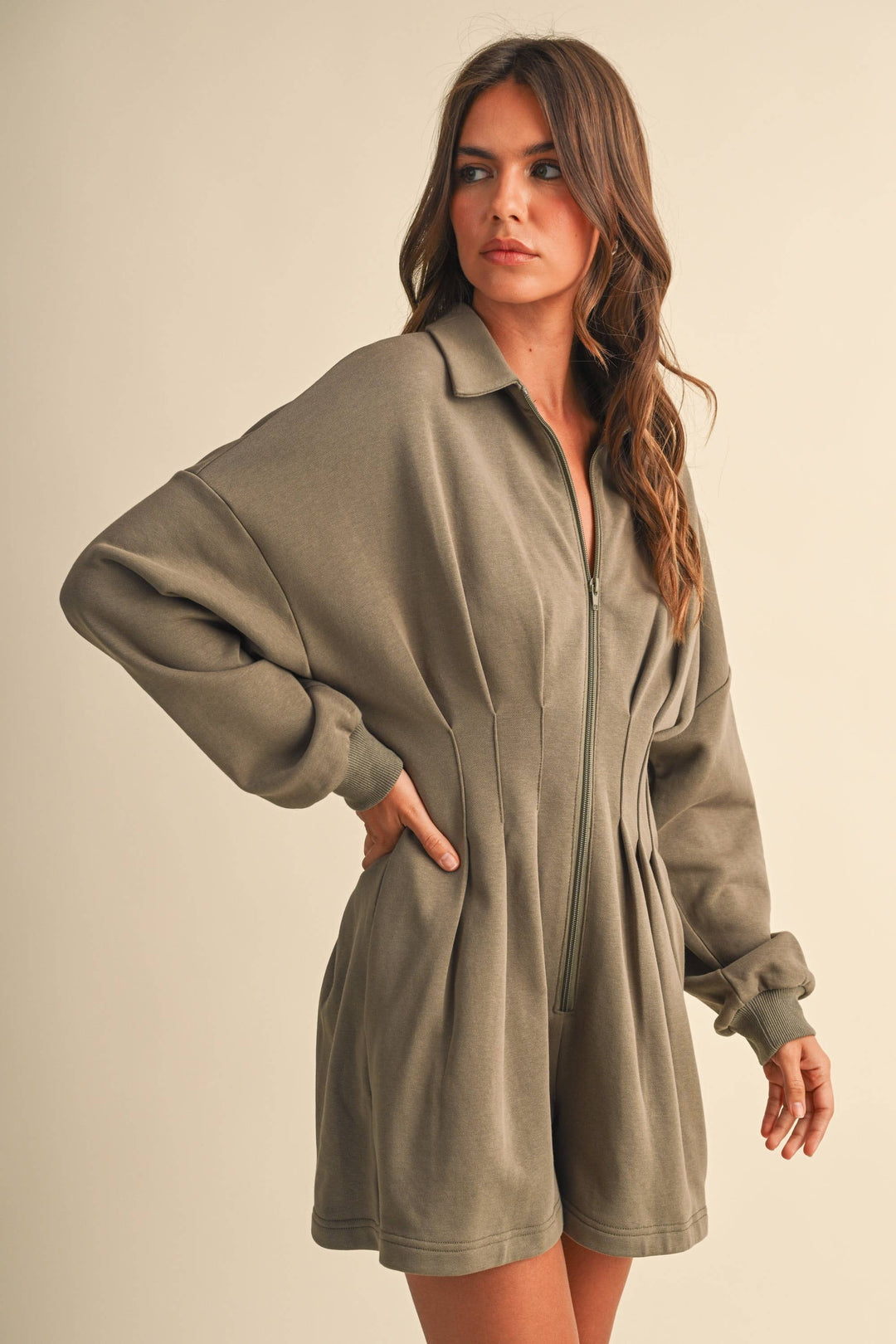 PLEATED WAIST LONG SLEEVE SHIRT COLLAR ROMPER