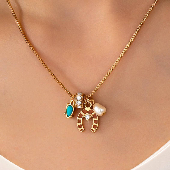 Accessories, Necklaces - Southwest Horseshoe & Turquoise Charm Necklace | 80N93130 - Gold - Cultured Cloths Apparel