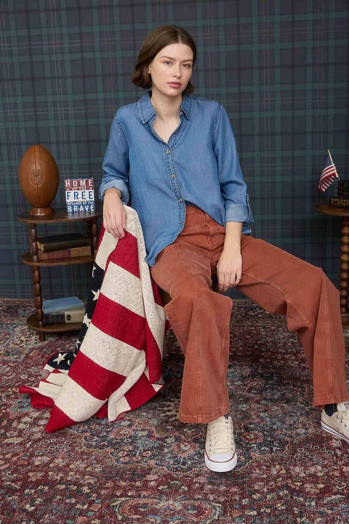 Women's Long Sleeve - CHAMBRAY COLLARED 3/4 TAB SLEEVE BUTTON DOWN SHIRT - - Cultured Cloths Apparel