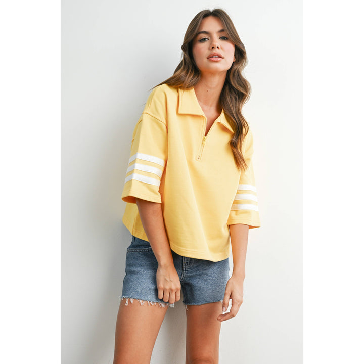 Women's Short Sleeve - Striped Sleeve Quarter-Zip Pullover - - Cultured Cloths Apparel