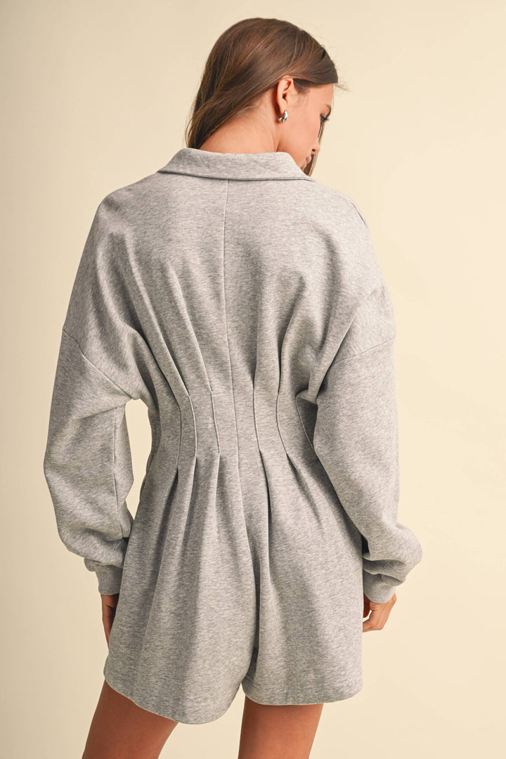 PLEATED WAIST LONG SLEEVE SHIRT COLLAR ROMPER