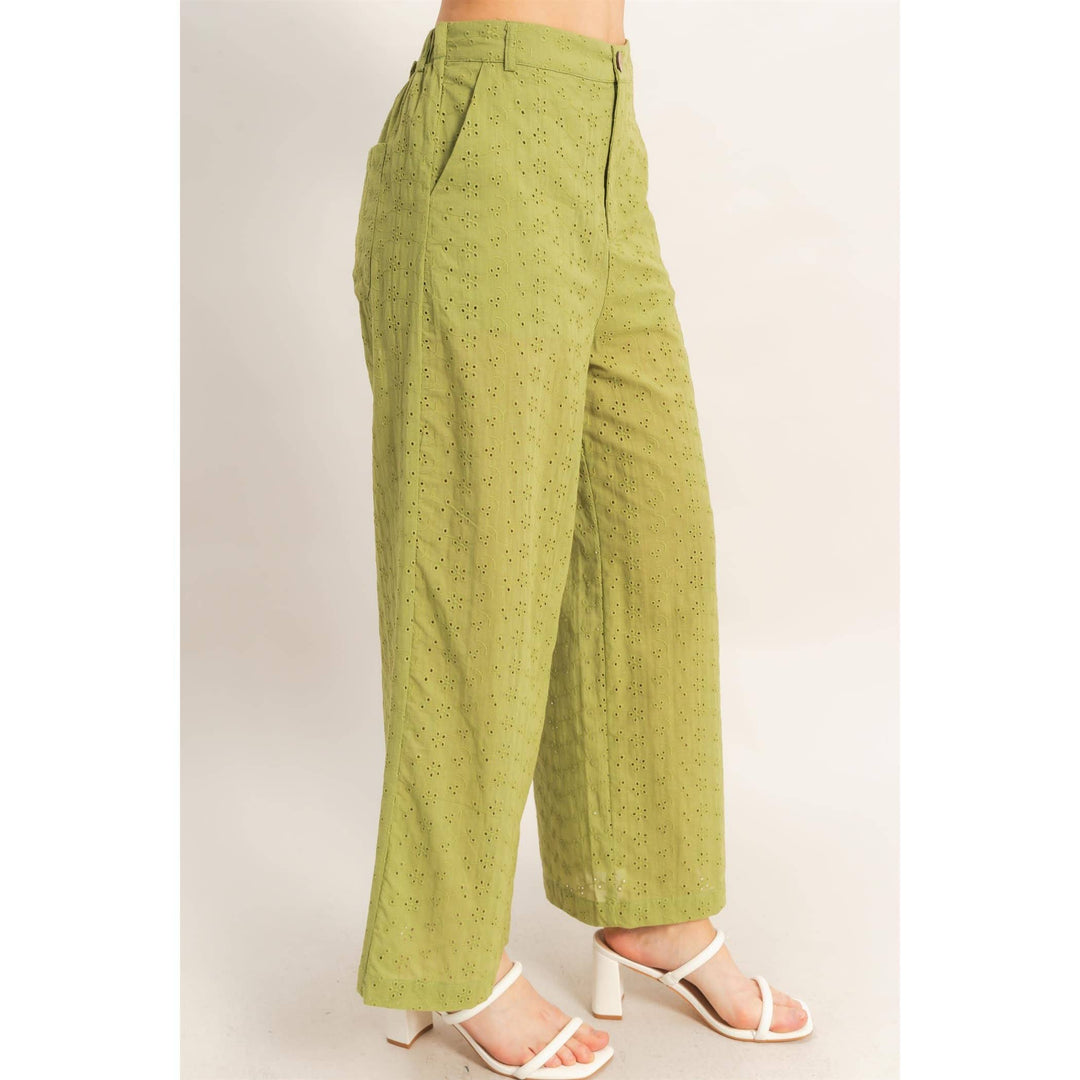 Olive Floral Eyelet Pants
