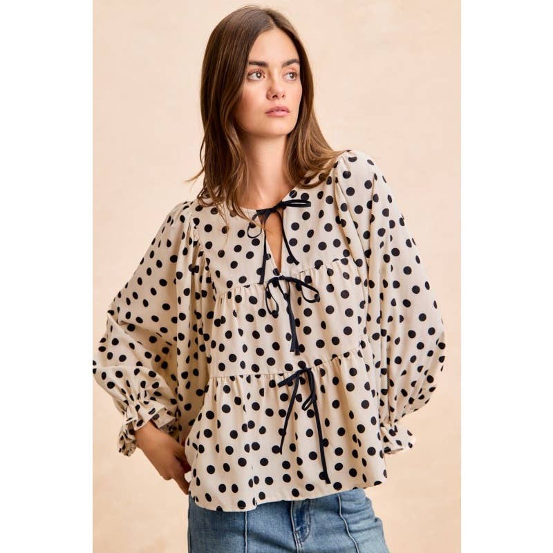 Women's Short Sleeve - Polka Dot Tiered Peplum Bow Tied Top With Shirring - - Cultured Cloths Apparel