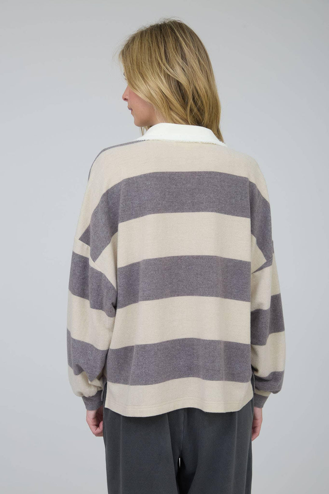 Women's Long Sleeve - WASHED STRIPE CONTRAST COLLAR LONG SLEEVE KNIT TOP - - Cultured Cloths Apparel