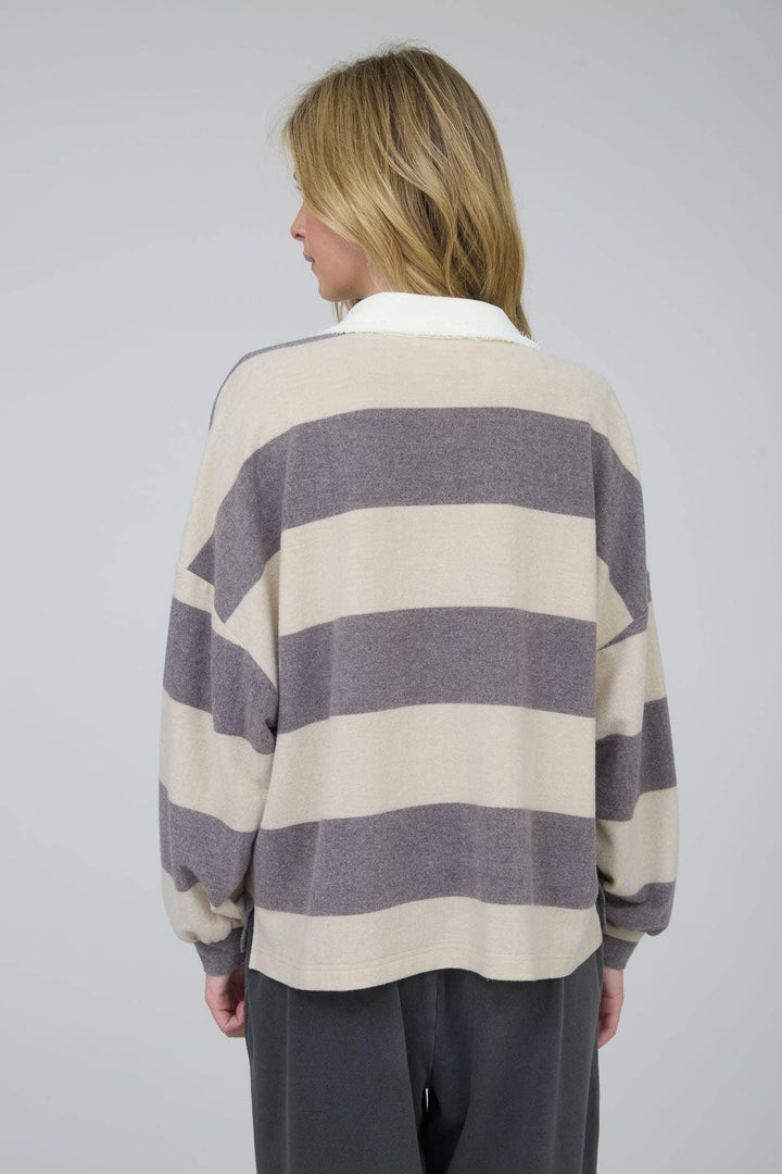 Women's Long Sleeve - WASHED STRIPE CONTRAST COLLAR LONG SLEEVE KNIT TOP - - Cultured Cloths Apparel