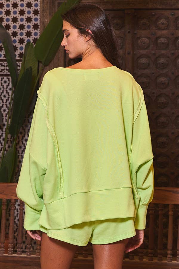 T2369 Raw Edge Detail Hi-Low Hem Solid Terry Top