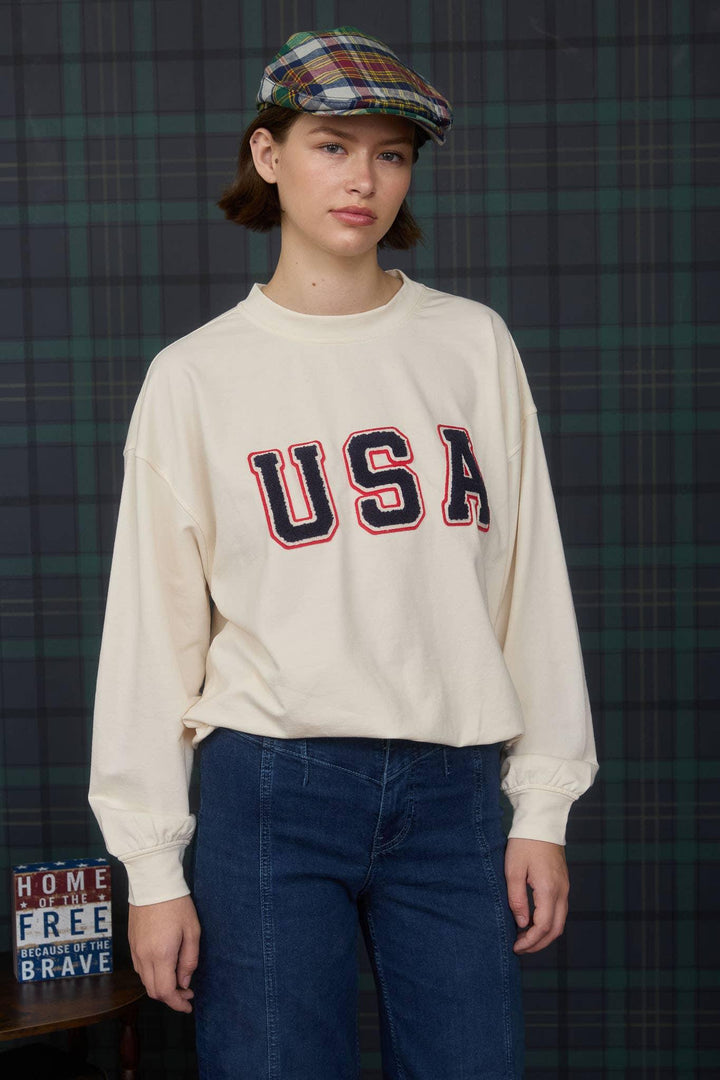 Women's Long Sleeve - USA VARSITY LETTER LONG SLEEVE KNIT TOP - - Cultured Cloths Apparel