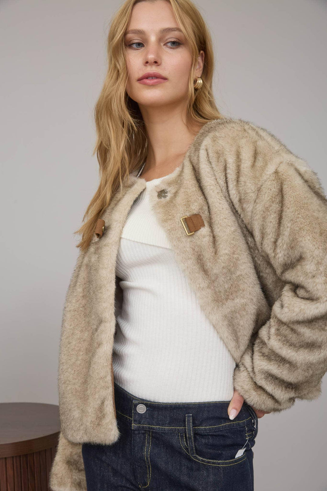 Outerwear - FAUX FUR FRONT TAB DETAIL COAT - LIGHT TAUPE - Cultured Cloths Apparel