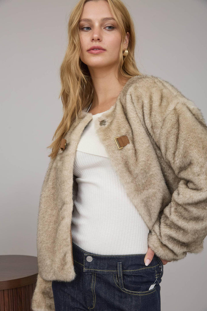 Outerwear - FAUX FUR FRONT TAB DETAIL COAT - LIGHT TAUPE - Cultured Cloths Apparel