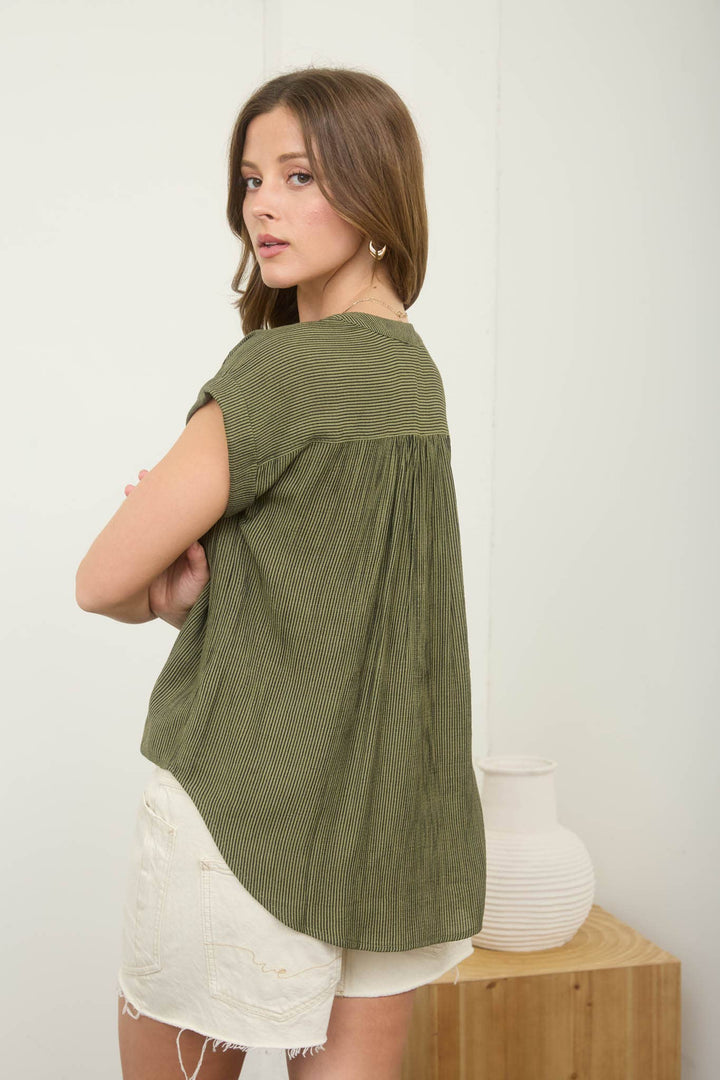 Women's Short Sleeve - PINSTRIPE SHORT CUFF SLEEVE BUTTON DOWN SHIRT - - Cultured Cloths Apparel