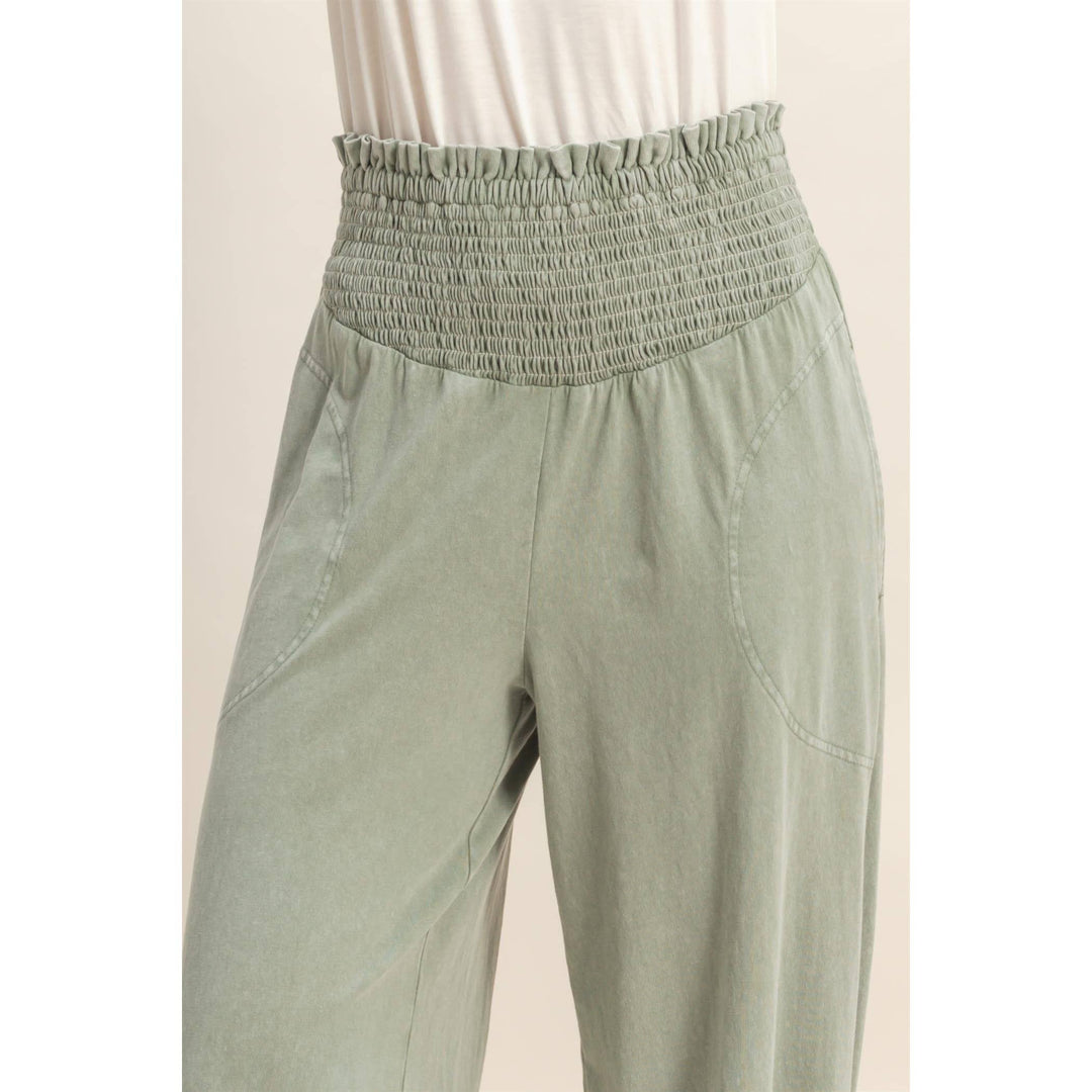 Mineral Washed Wide-Leg Smocked Waist Pants