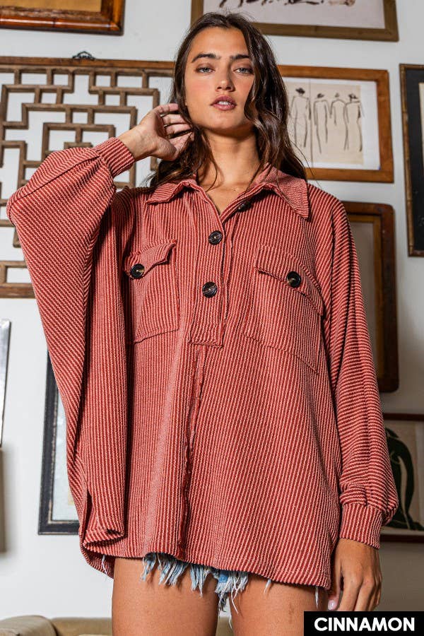 T1578-3 Solid Texture Knit Collared Loose Fit Top