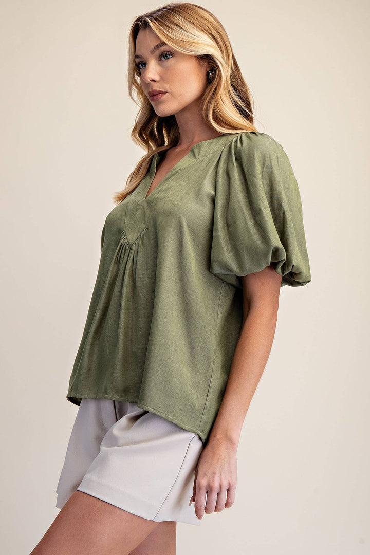 - V-Neck Placket Balloon Sleeve Top - - Cultured Cloths Apparel