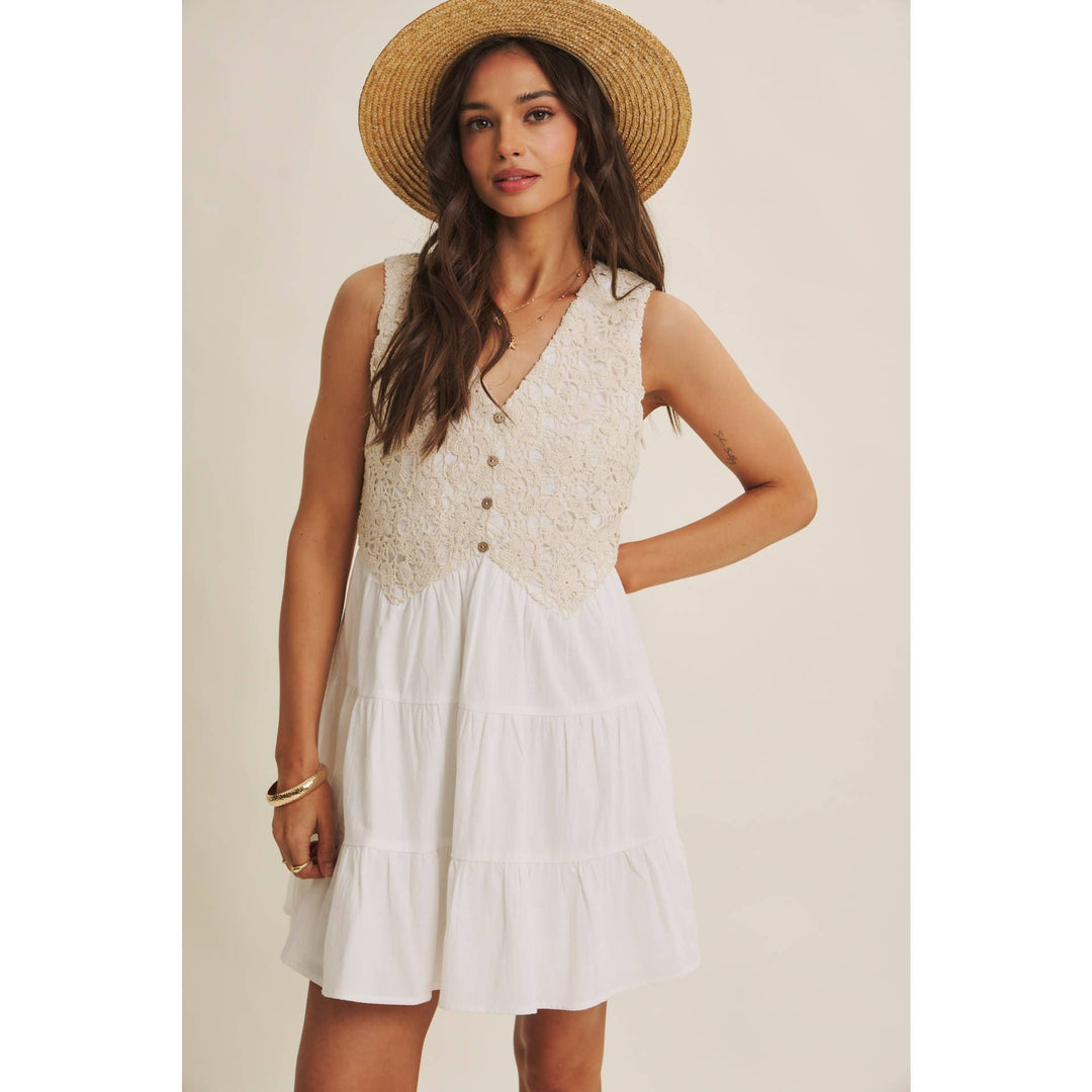 Dresses - FRENCH PICNIC MIXED MEDIA COTTON CROCHET MINI DRESS - - Cultured Cloths Apparel