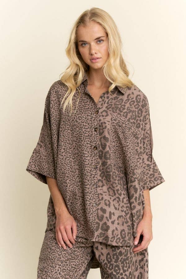 Leopard Print Oversized High-Low Button-Down Shirt