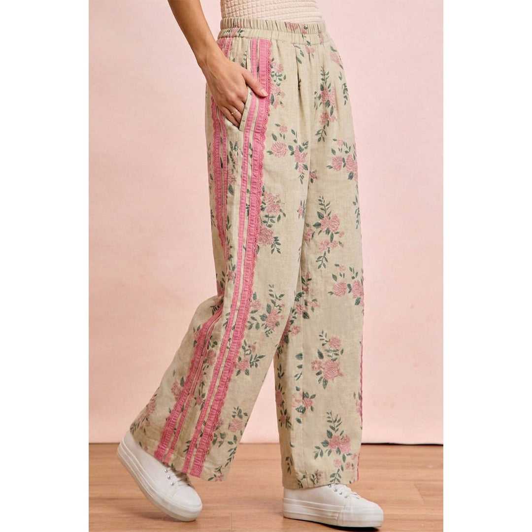FLOWER PRINTED TWILL SIDE TRIM ELASTIC WAIST PANTS