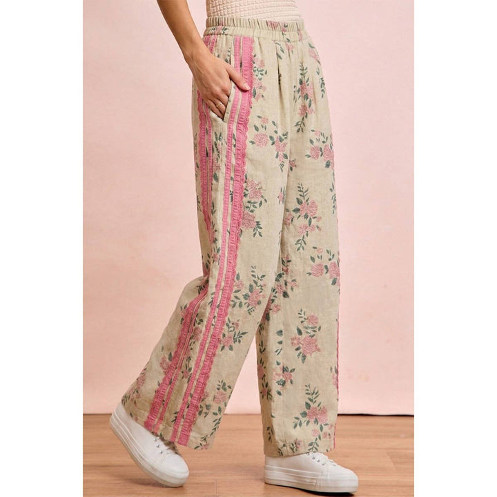 FLOWER PRINTED TWILL SIDE TRIM ELASTIC WAIST PANTS