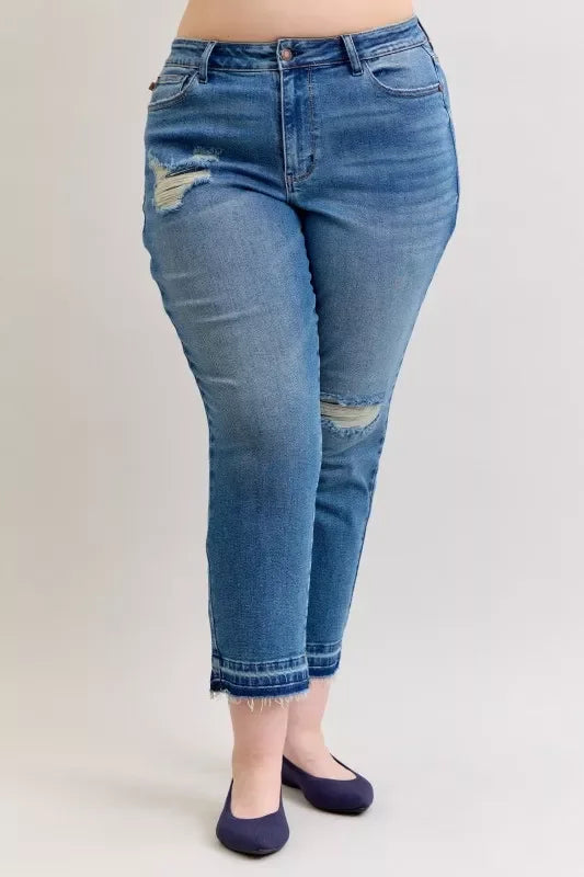Denim - Judy Blue Full Size Mid Rise Bf Patch & Repair Destroy Release Hem Jeans Plus Size - - Cultured Cloths Apparel