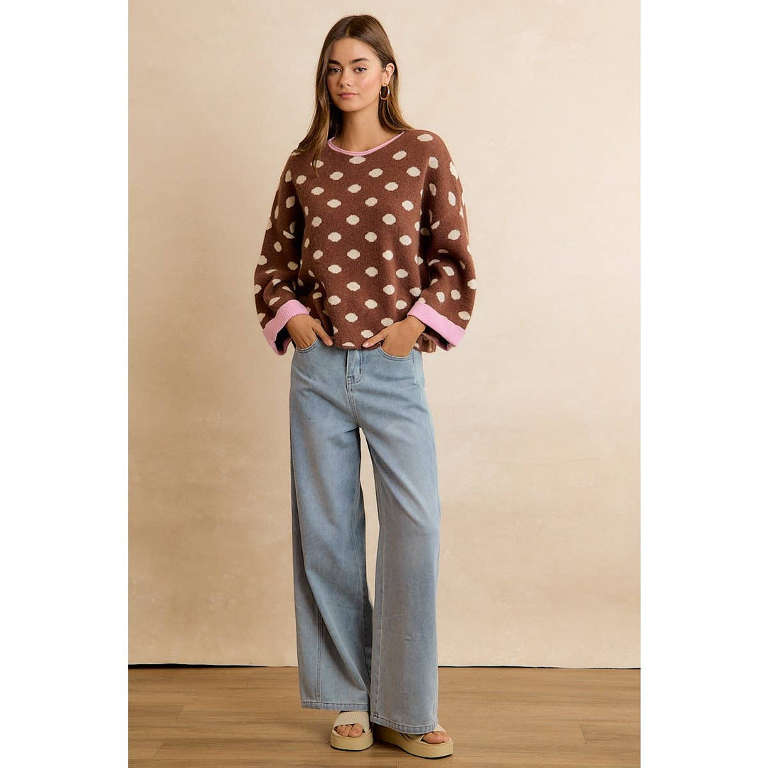CONTRAST NECK AND ROLL UP DETAIL POLKA DOT SWEATER