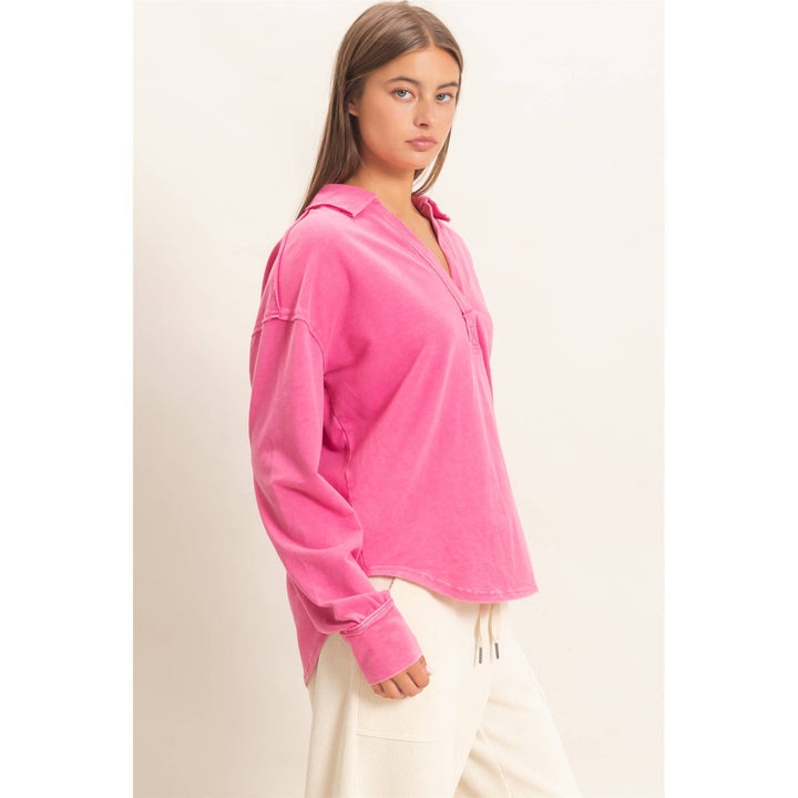 Mineral Washed Polo Collar Long Sleeve Top