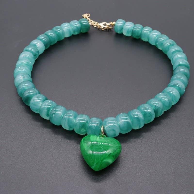 Accessories, Necklaces - Heart Pendant Resin Beaded Necklaces | 40NK9701 - TURQ - Cultured Cloths Apparel