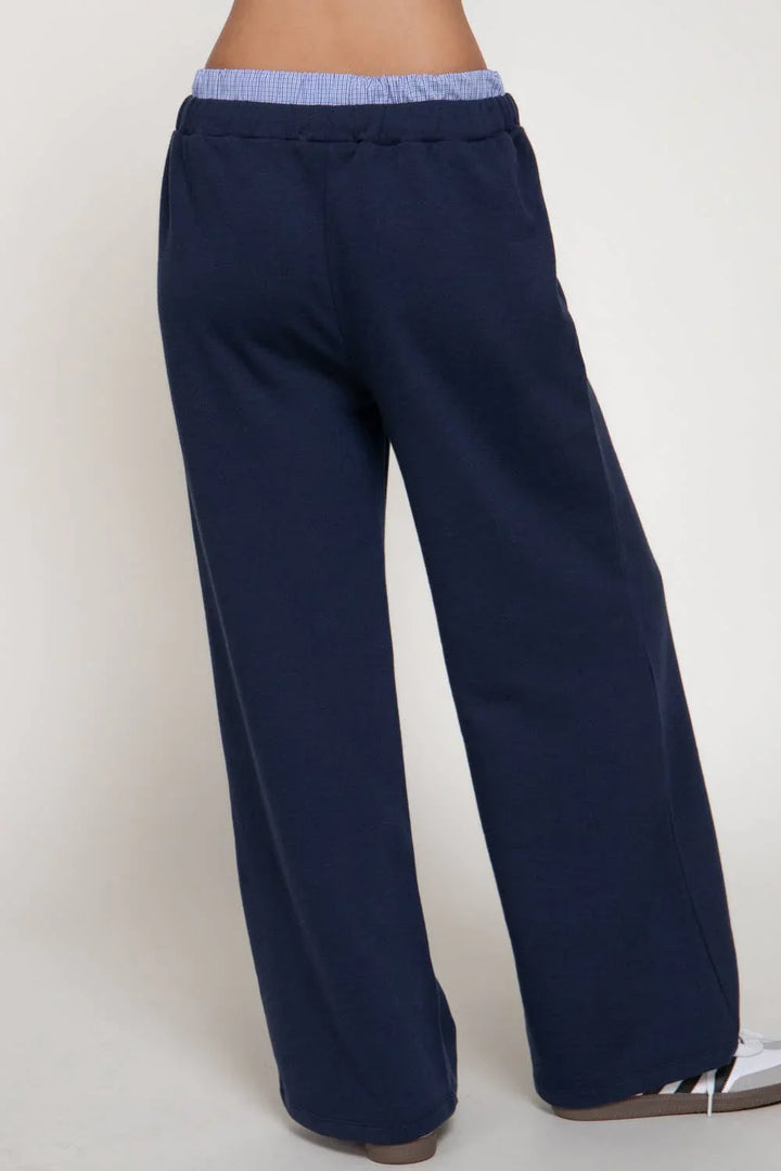 Elastic Waist Long Pants with Contrasting Check Panel