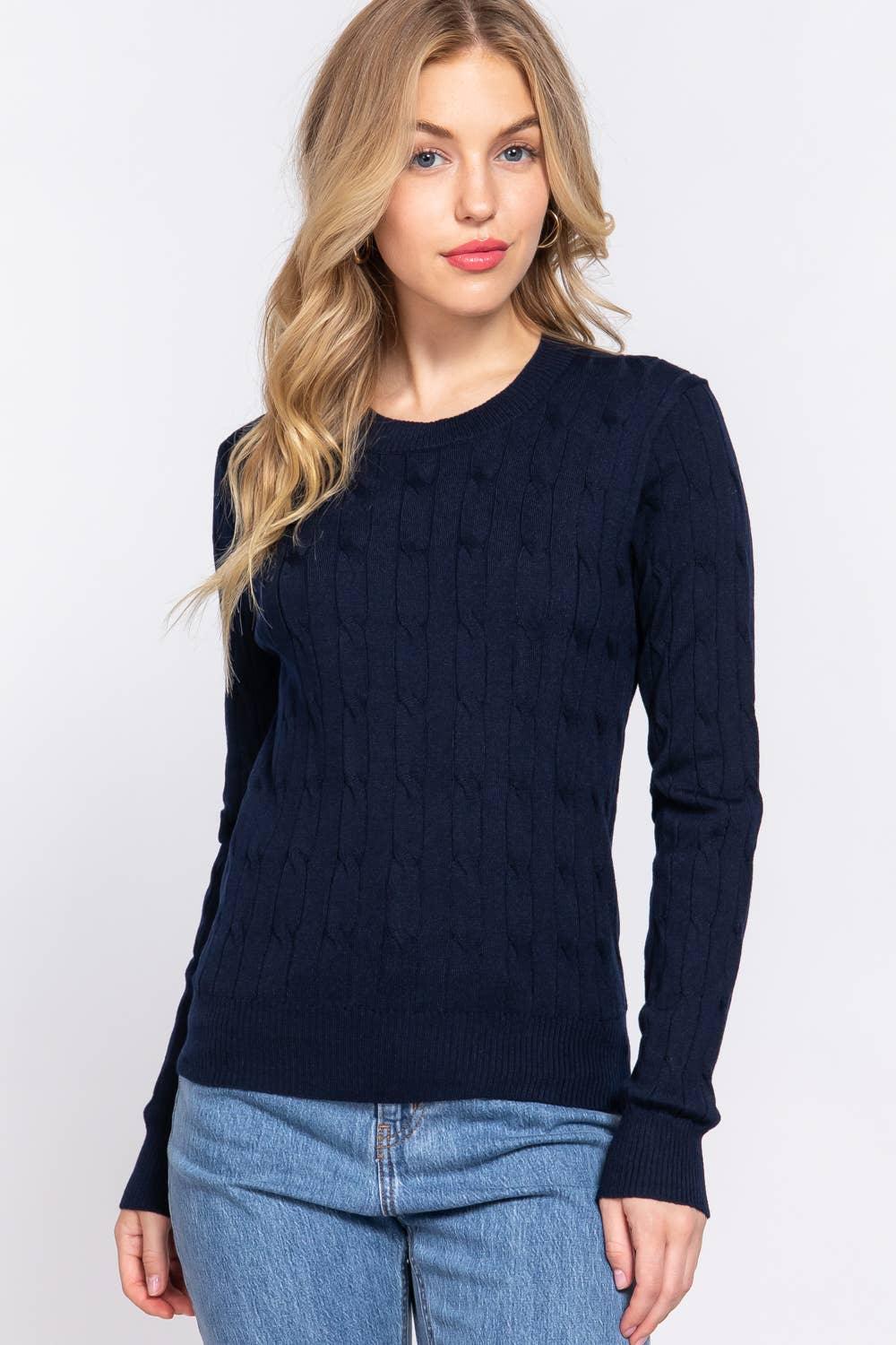Women's Sweaters - Long Sleeve Round Neck Cable Sweater - INK NAVY - Cultured Cloths Apparel