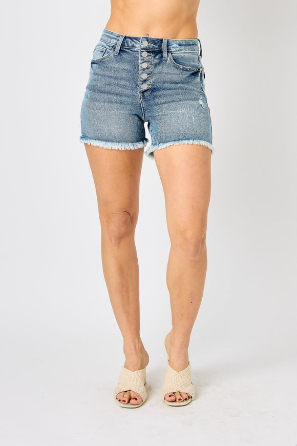 Women's Shorts - Judy Blue Full Size Button Fly Raw Hem Denim Shorts - Medium - Cultured Cloths Apparel