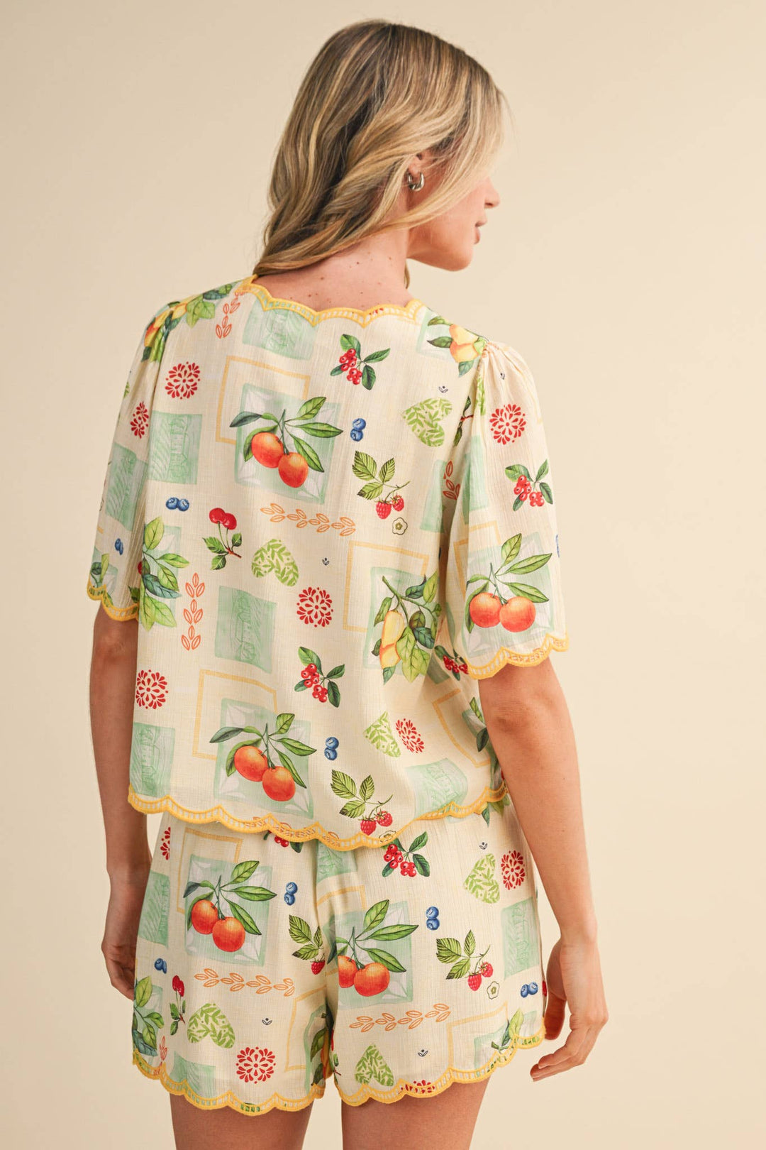 Romper - FRUIT PRINT EMBROIDERED SCALLOP TOP AND SHORTS SET - - Cultured Cloths Apparel