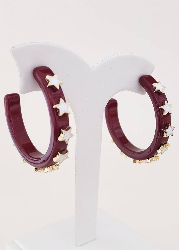 Accessories, Earrings - JE23129 Gameday Hoop Earring with Star - Burgundy White - Cultured Cloths Apparel