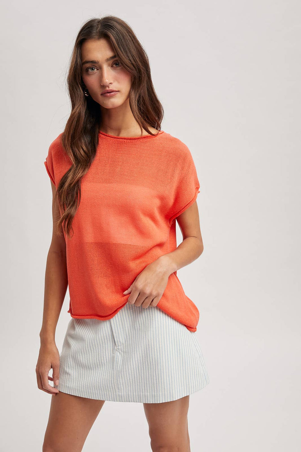 Women's Short Sleeve - ROLLED HEM KNIT SWEATER - POPPY - Cultured Cloths Apparel